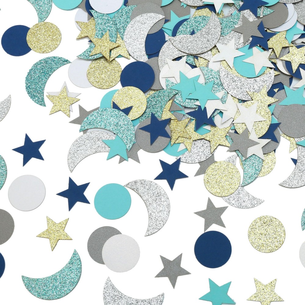 410 PCS Glitter Star and Moon Confetti Navy Blue White Gold Table Scatter