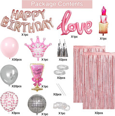 Pink Birthday Decorations for Women, Happy Birthday Banner, Rose Gold Fringe Cur