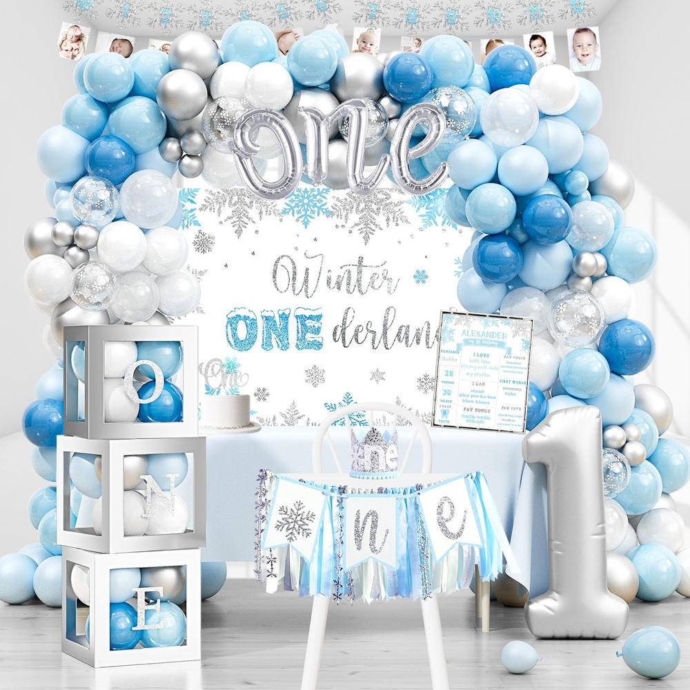 Winter Onederland Birthday Standard Banner Size, Light Blue, White, Silver