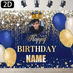1pc 2D Blue Golden Crown Personalized Birthday Custom Poster Tapestry Banner ❀
