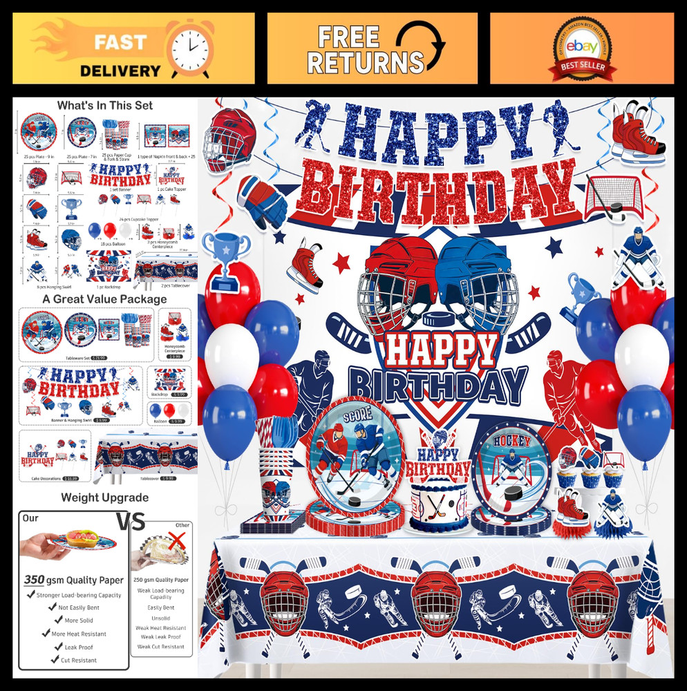 208 Pcs Hockey Party Decorations Set for 25 Guests – Tableware, Backdrop, Balloo