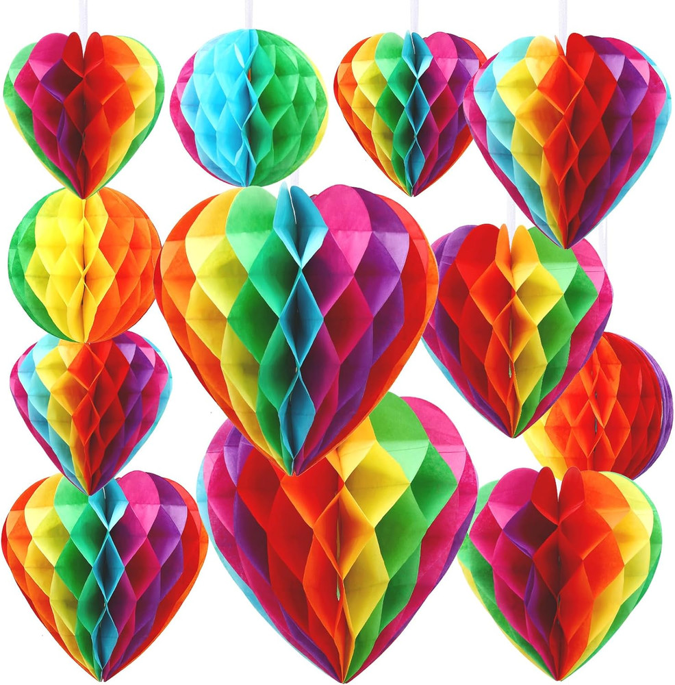 12 Pcs Rainbow Pride Heart round Paper Honeycomb Balls Pride Decorations, Heart