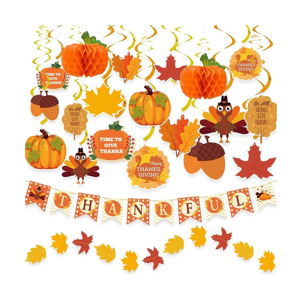 DAZONGE 40PCS Fall Thanksgiving Decor, Pre-Assembled Thanksgiving Banner & Ga…