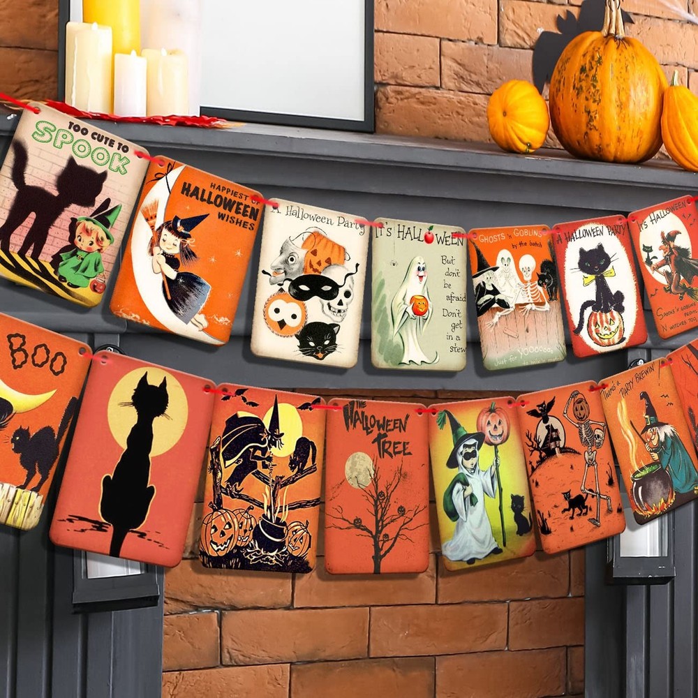 Vintage Halloween Decorations Trick or Treat Banner, Cats, Witches, Ghosts