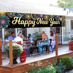 KatchOn Happy New Year Banner – Large 120×20 Inch | Gold and Black