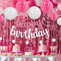 Pre-Strung Pink and Silver Happy Birthday Banner Decorations, Glitter Birthday G