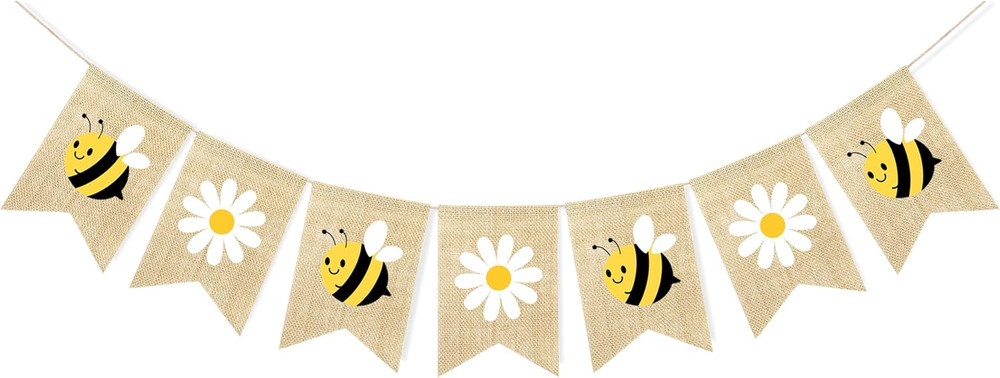 Bumble Bee Banner Burlap with Daisy Flower Bunting Happy Bee Day Decorations Gar