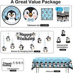 Penguin Themed Birthday Tableware Includes Tablecover, Utensils, Decorations