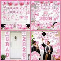 Pink Bow Graduation Decorations 2026 Set, All-In-1 Coquette Kit with Congrats Gr