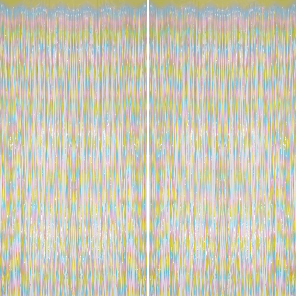 2 Pack Foil Fringe Backdrop – Pastel Rainbow Shiny Tinsel Curtains for Party Dec