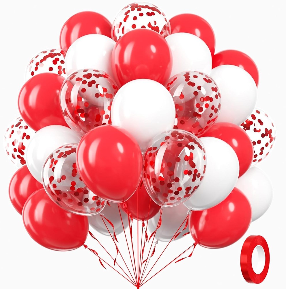 60pcs Red and White Balloons 12inch with White Red Confetti Balloons for Wedding