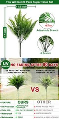 20 Bundles Artificial Plants Outdoor Faux Boston Fern Spring Decor, Fake Plants