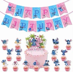 Stitch & Angel Birthday Party Set Balloons Banner Cake Toppers Pink Blue Cartoon