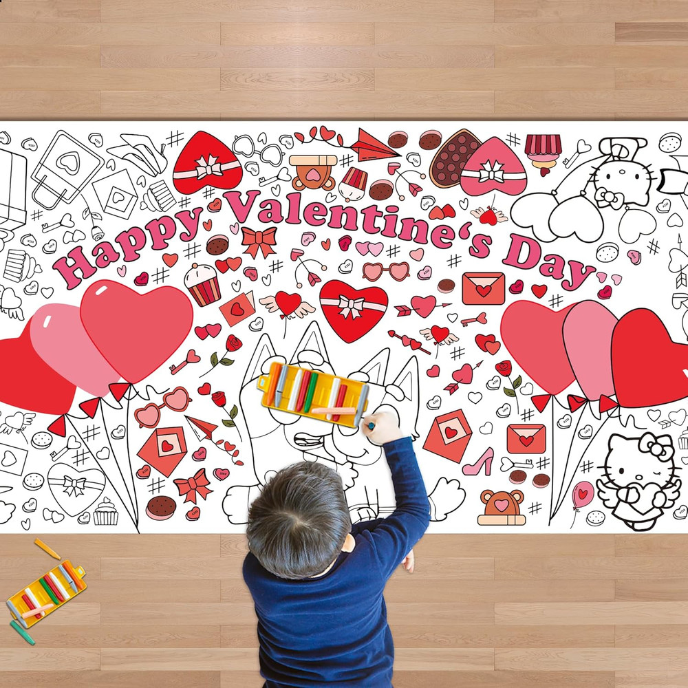 Valentines Giant Coloring Tablecloth,Valentines Day Crafts for Kids – 72X30 Inch