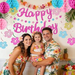 Hawaiian Luau Party Decorations Glittery Pink Happy Banner for Tropical Party…