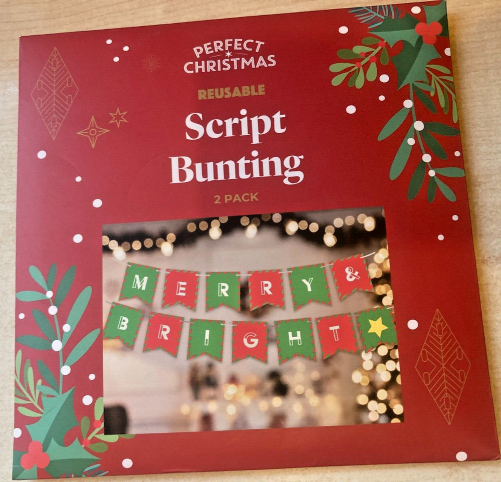 BNIP New Aldi Reusable MERRY & BRIGHT Christmas Script Bunting Garland Banner