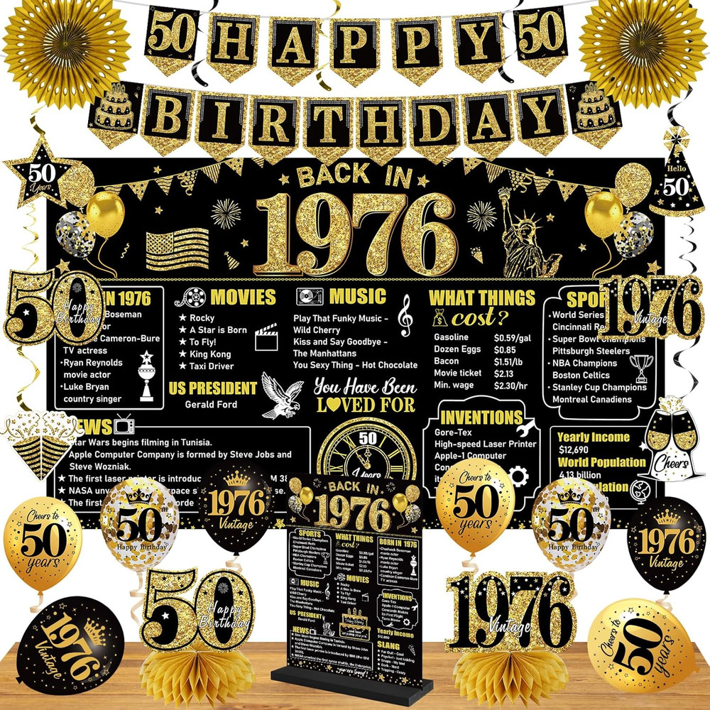 50Th Birthday Decorations Kit for Men Women, Black Gold 24PCS Back in 1976 Banne