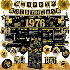 50Th Birthday Decorations Kit for Men Women, Black Gold 24PCS Back in 1976 Banne