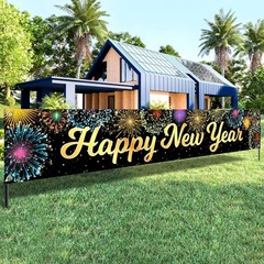 KatchOn Happy New Year Banner – Large 120×20 Inch | Gold and Black