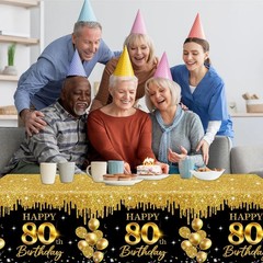 80th Birthday Tablecloth, 3Pcs Black Gold 80th Birthday Decorations Table Cloth