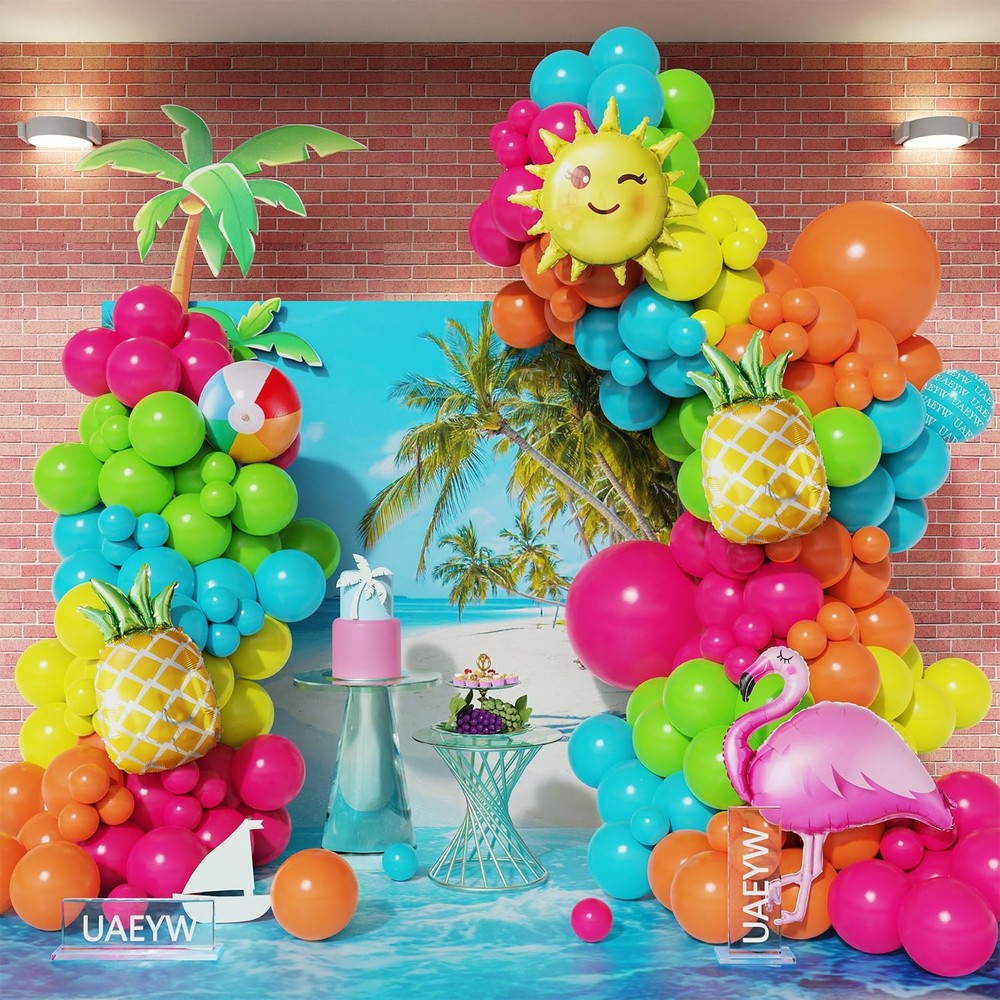 144Pcs Tropical Luau Balloon Arch Garland Kit Pineapple Flamingo Sun Beach Ba…