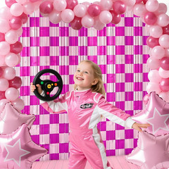 Birthday Party Streamers Decorations Pink White Checkered Foil Fringe Decor