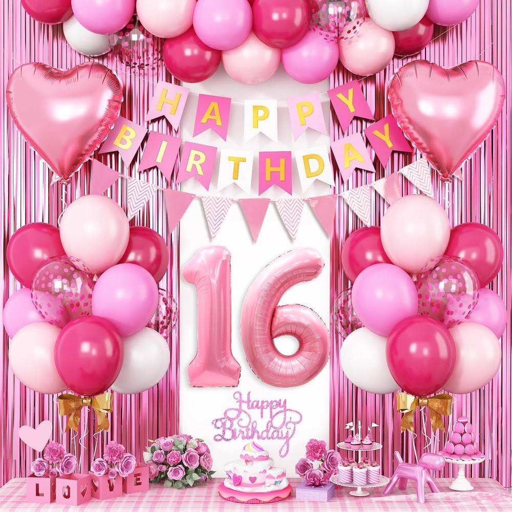 16th Birthday Decorations for Girls,Hot Pink 16th Birthday Balloons with Happ…
