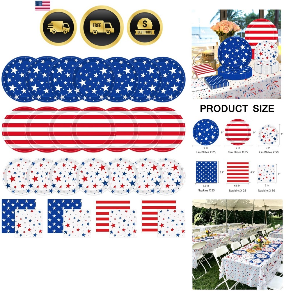 Patriotic Party Supplies Paper Plates Napkins Red White Blue 50 Pieces
