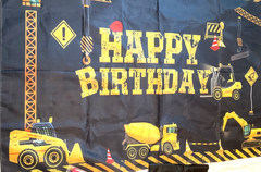 Fabric Construction Themed Happy Birthday Banner w/ 2 Plastic Tablecloth BLK Red