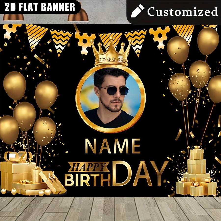 1pc 2D Luxurious Golden Balloon Crown Theme Personalized Custom Birthday Banner❀
