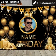1pc 2D Luxurious Golden Balloon Crown Theme Personalized Custom Birthday Banner❀