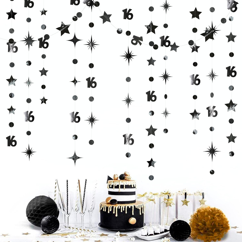Black Number 16 Circle Dot Twinkle Star Garland Metallic Streamer Bunting Banner