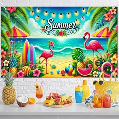 Summer Beach Banner 71×43 Inches Summer Backdrop Beach Party Decorations Hawa…