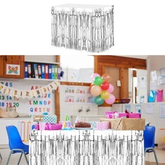 2 Pcs 29×108 Inch Silver Metallic Foil Fringe Tinsel Table Skirts