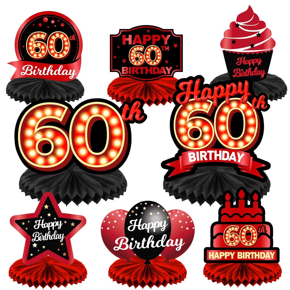 Happy 60th Birthday Red and Black Table Honeycomb Centerpieces Balloons Theme…