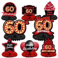 Happy 60th Birthday Red and Black Table Honeycomb Centerpieces Balloons Theme…