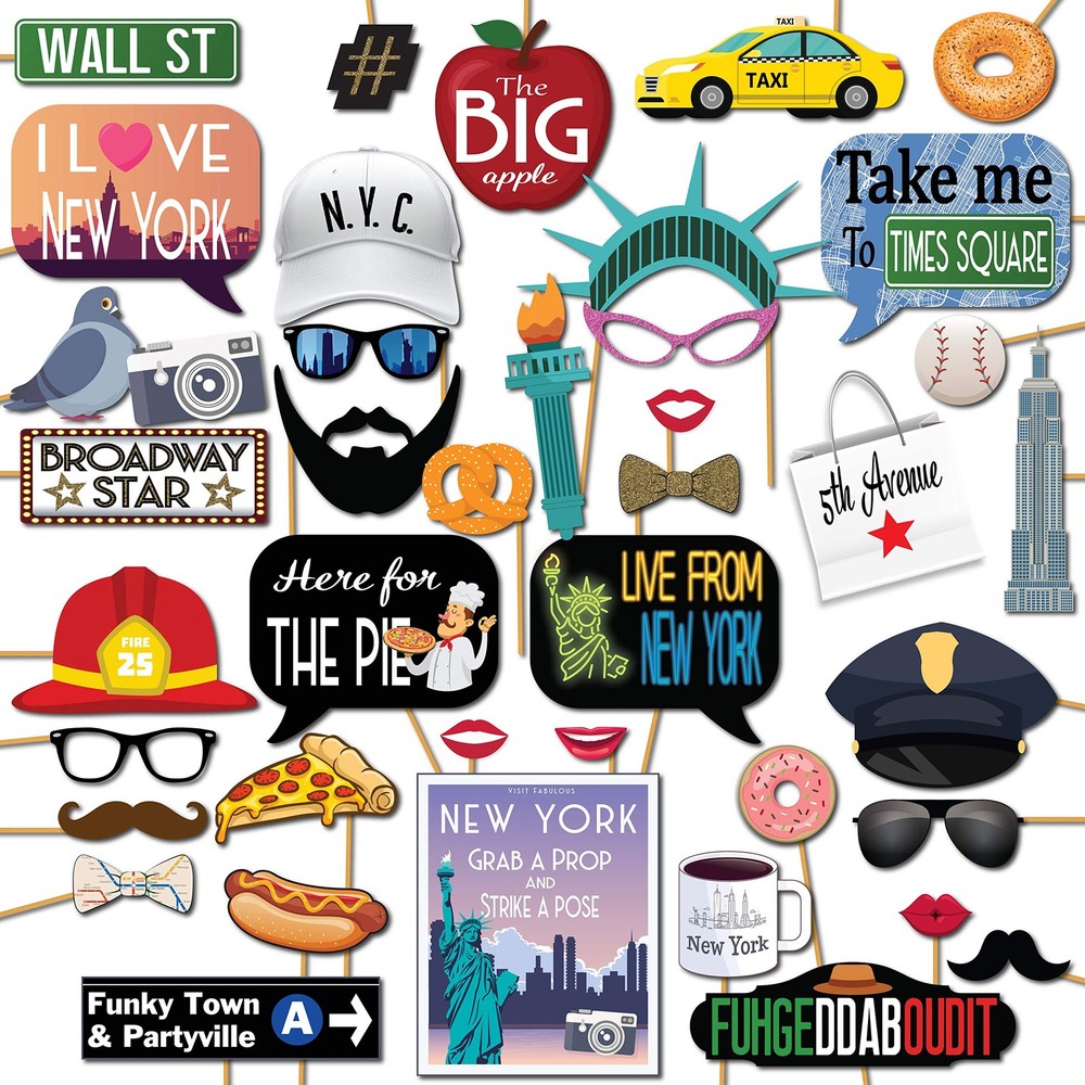 New York Photo Booth Props – 41-pc Black, Gold, Blue, Red, White