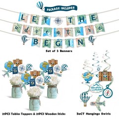 52 PCS Travel Themed Party Decorations Set Let the Adventure Begin Banner Center