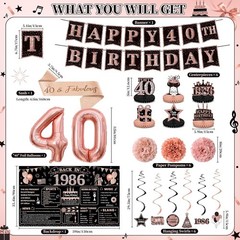 40th Birthday Decorations for Women Rose Gold Banner Balloon Pompoms Swirls