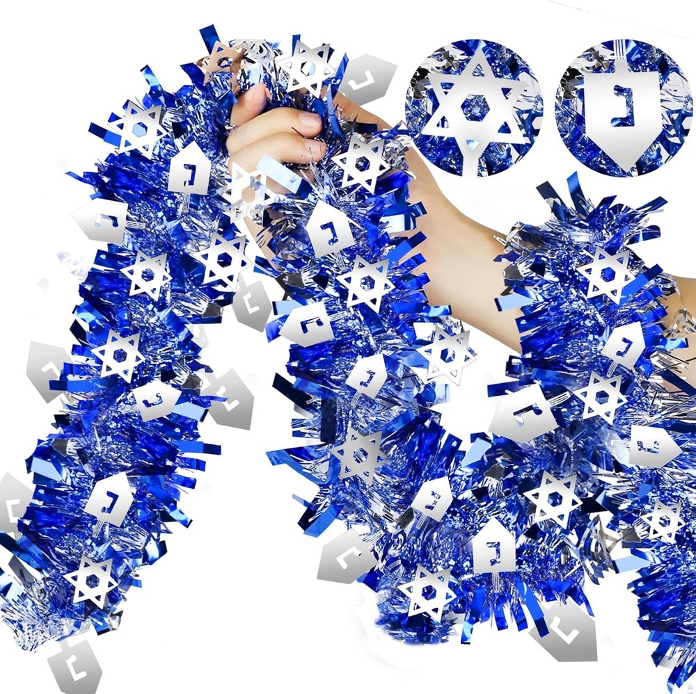 2 Pack Hanukkah Decorations, 36 Ft by 6 Inch Hanukkah Tinsel Garland with Dreide