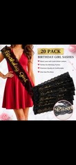 20 Pack Birthday Girl Lace Sashes Black with Gold Glitter Party Decorations