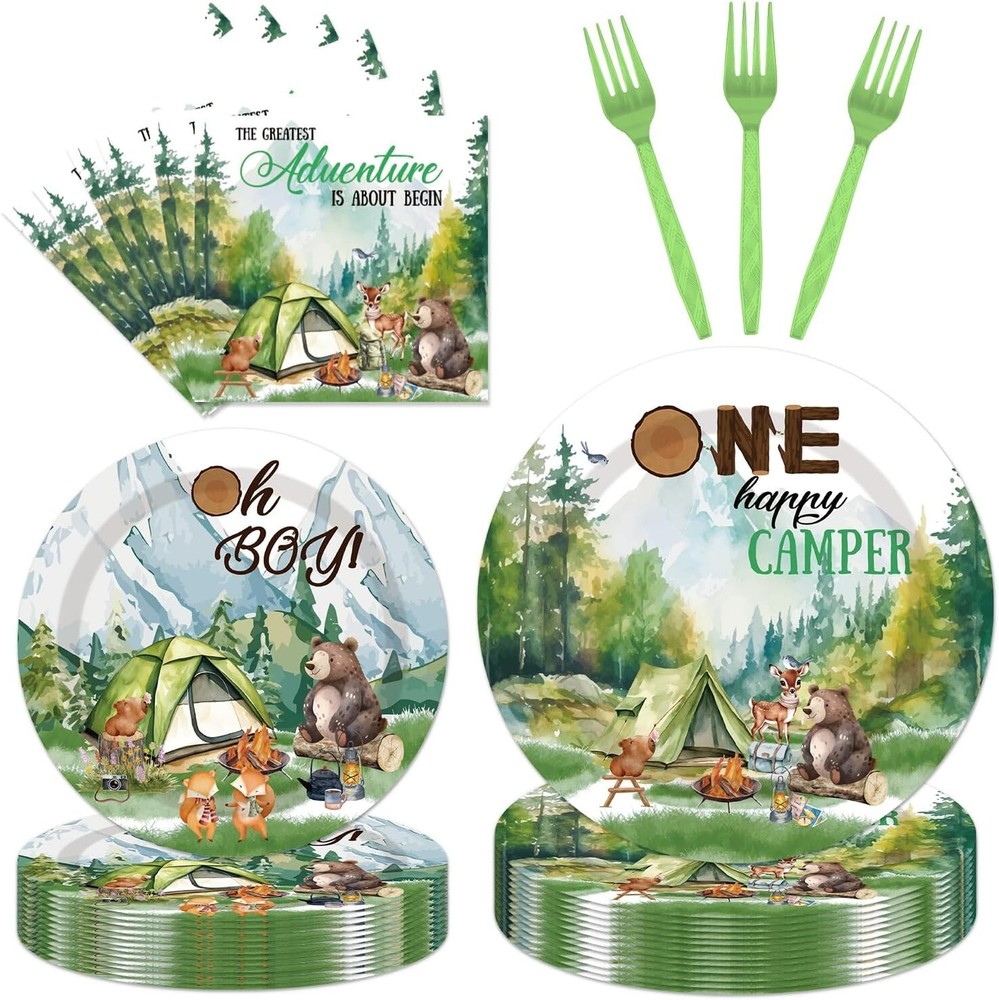 Camping Aventure Toddler Disposable Birthday Tableware (Plates, Napkins, Forks)