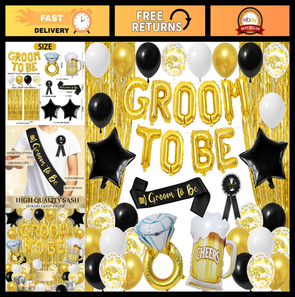 Gold Bachelor Party Decorations, Groom To Be Banner, Satin Sash & Badge, Wedding
