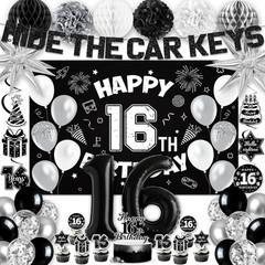 16Th Birthday Party Decorations for Boys, Black White 16Th Party Supplies with H