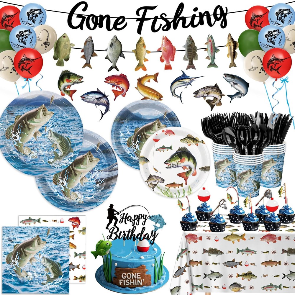 178PCS Fishing Birthday Party Decorations Includes Plates, 9 inches, 7 inches
