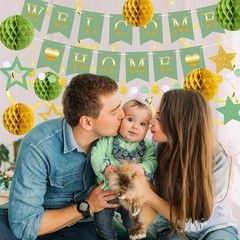 Welcome Home Decorations Banner with Glitter Stars Sage Green