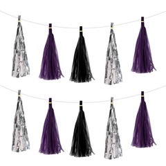 15Pcs Dark Purple，Bright Silver, Black Tassel Garland Banner with Rope