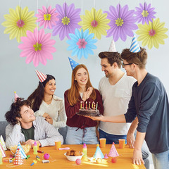9 PCS Pastel Birthday Decorations, Yellow,Pink and Purple Sunflower Paper Fans D