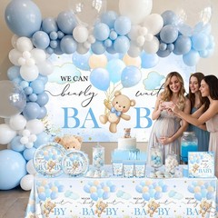 270 Pcs Baby Shower Decorations – Blue Bear Theme, Plates, Napkins, Cups, Balloo