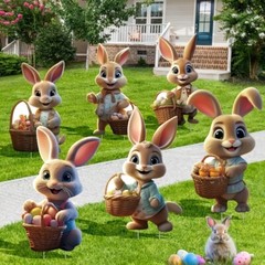 6 PCS of Easter 2D Flat Plastic Rabbit Garden Stake Yard Sign Garden Decoration